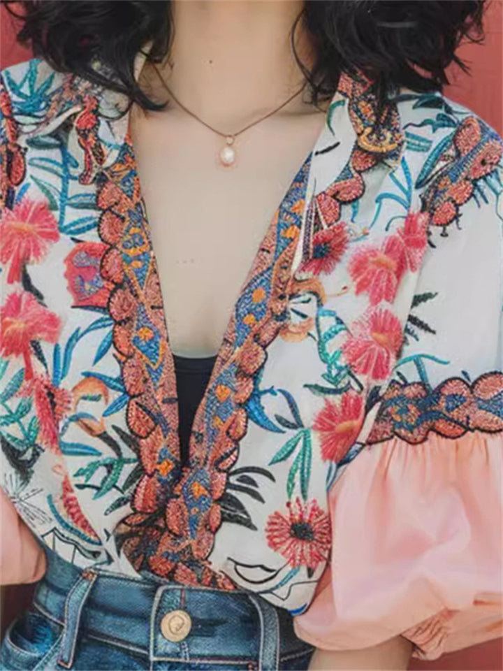 Summer Floral Embroidery V-Neck Bubble Sleeve Shirt for Women