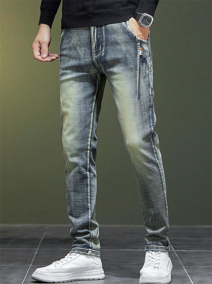 Men Vintage Wash Jeans Slim Fit Straight Leg Denim Pants
