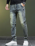 Men Vintage Wash Jeans Slim Fit Straight Leg Denim Pants
