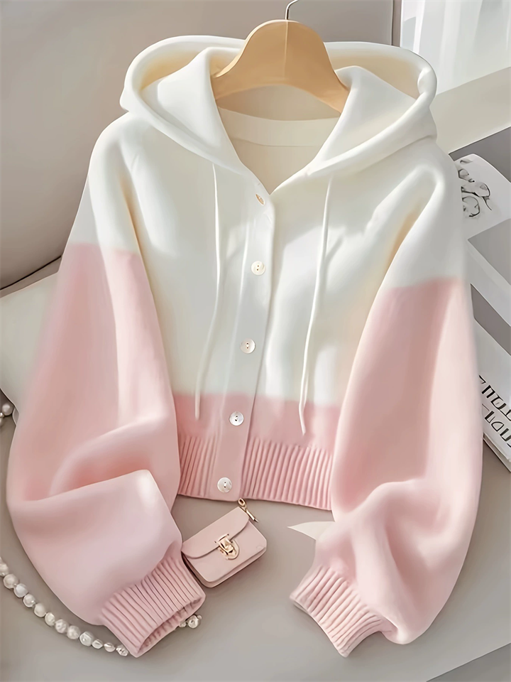 Women's Korean Style Contrast Color Button Up Hooded Cardigan Knitted Top
