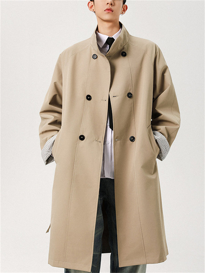 Men Double Breasted Trench Coat Long Belted Windbreaker Overcoat