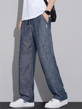 Mens Linen Blend Wide Leg Pants Casual Summer Drawstring Trousers
