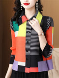Female's One Size Elegant Striped Contrast Color Lapel 3/4 Sleeve Shirts