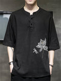 Summer Men's Linen Lotus Embroidery Half Sleeve Shirts