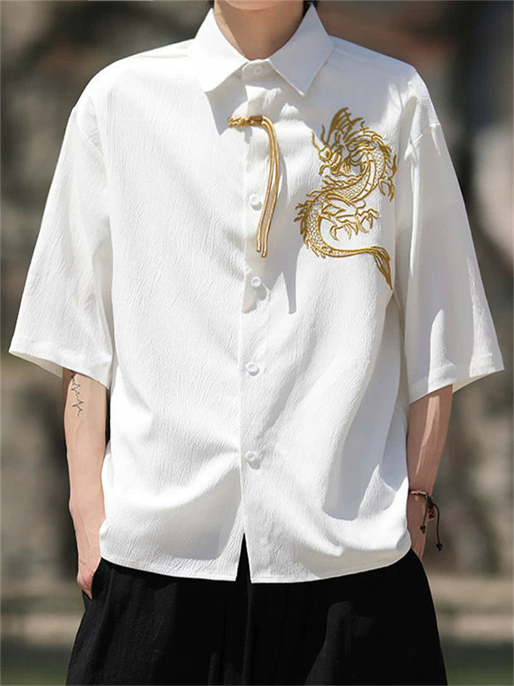 Men's Summer Chinese Style Loose Fit Dragon Embroidered Shirts