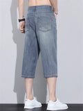 Mens Ice Silk Relaxed Fit Denim Capri Shorts Loose Summer Jeans