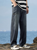 Men's Steetwear Retro Blue Mid Waist Loose Straight Fit Casual Jeans