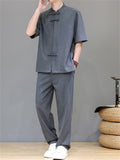 Men's 2Pcs Comfy Stand Collar Short Sleeve Solid Color TangSuit Outfits