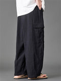 Mens Summer Linen Blend Loose Wide Leg Cargo Pants with Pockets