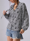Women's Black White Plaid Long Sleeve Shirt