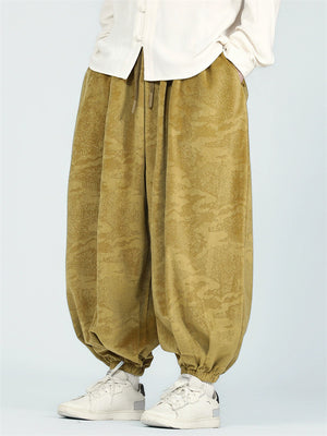 Male's Chinese Style Retro Solid Color Jacquard Wide Leg Bloomers Pants