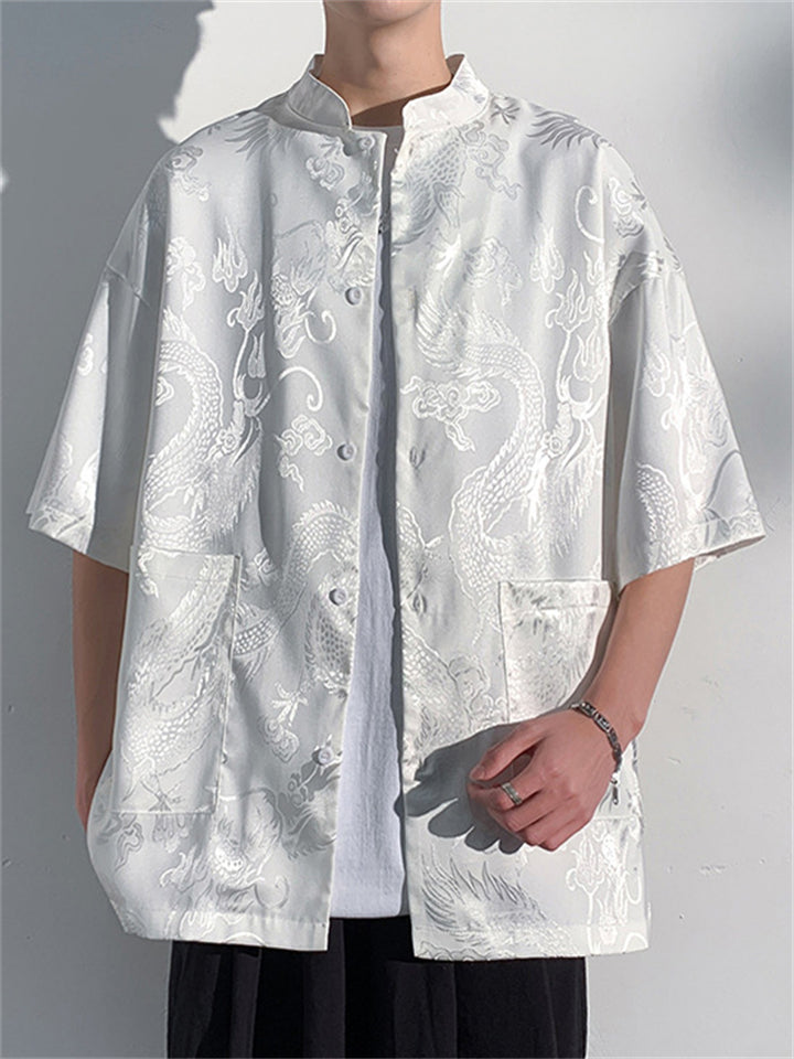 Summer Casual Loong Print Stand Collar Half Sleeve Shirt for Men