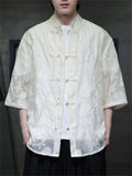Men Chinese Style Summer Floral Jacquard Frog Button Short Sleeve Shirts