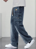 Men High Street Cargo Jeans Drawstring Wide Leg Washed Baggy Denim Pants