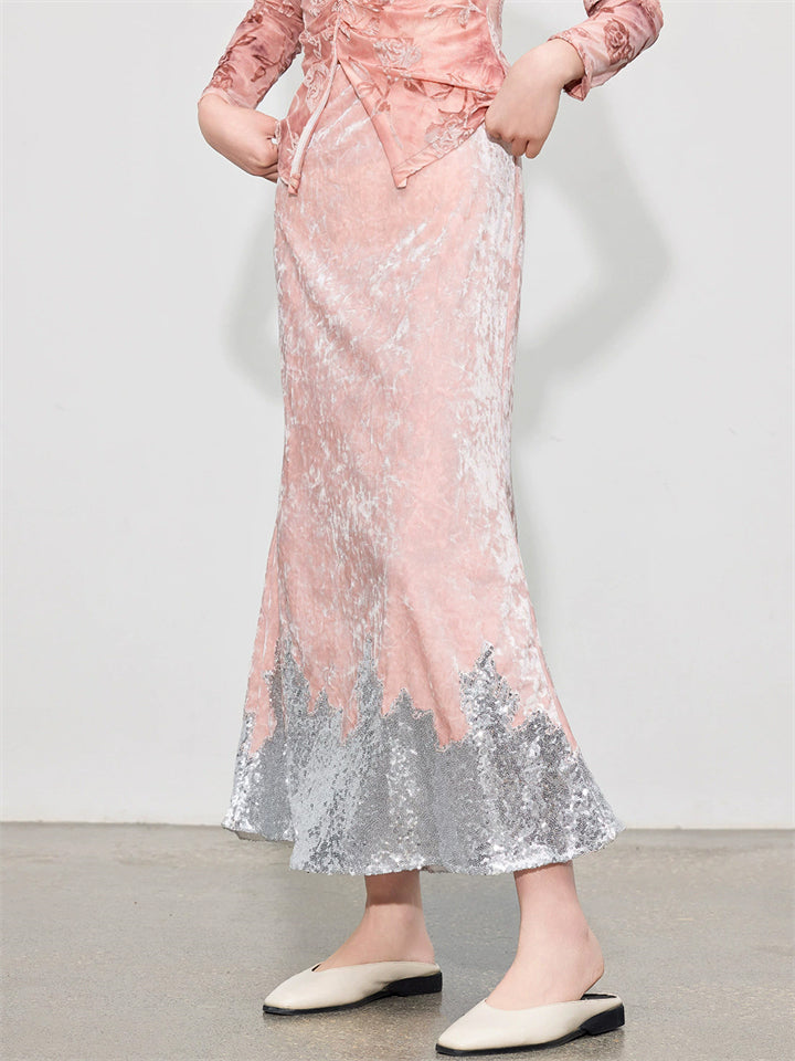 Women Pink Velvet Sequin Long A-Line Skirt
