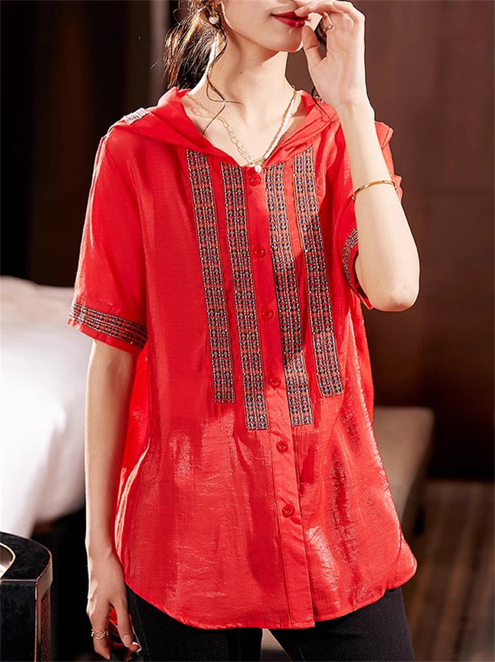 Retro Korean Style Embroidery Patchwork Hooded Shirts for Women