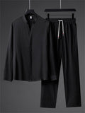 Men's 2Pcs Casual Autumn Solid Color Texture V Neck Long Sleeve Outfits