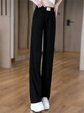 Women's Butterfly Embroidery Comfy High Waisted Wide Leg Ice Silk Pants