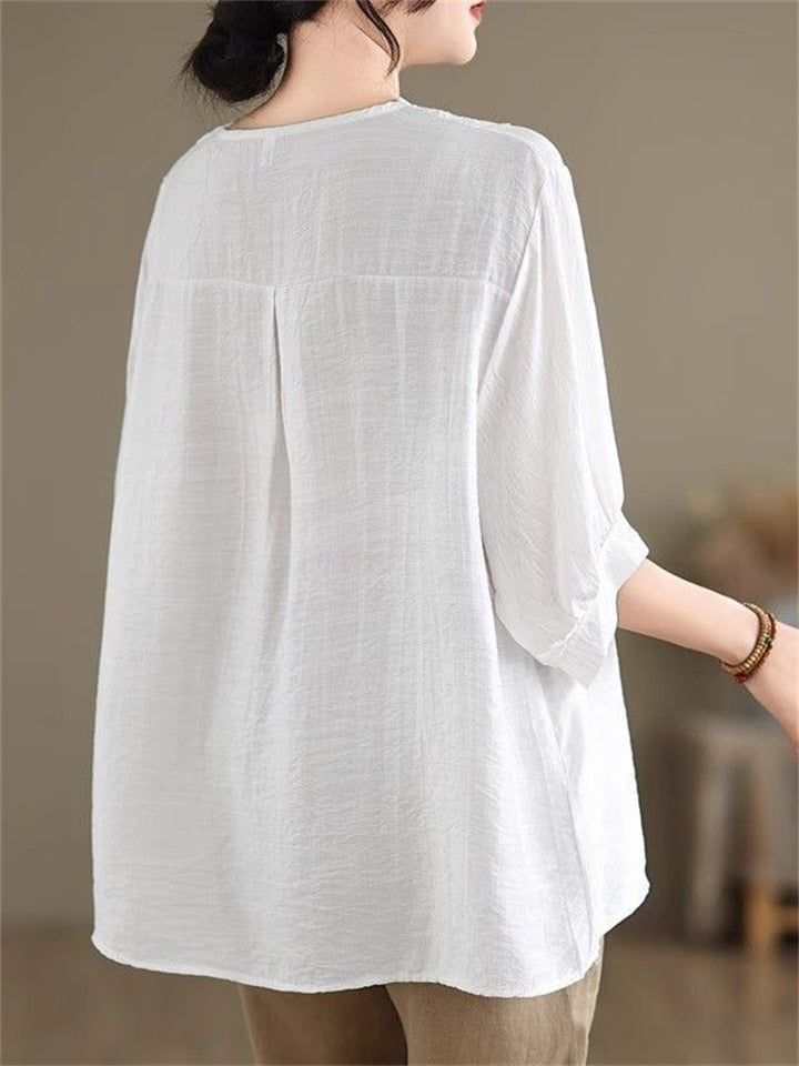 Women's Solid Color Embroidery V Neck Comfy Short Sleeve Shirt