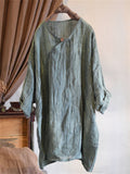 Women's Loose Linen Zen Style Distressed Textured Long Sleeve Shirts