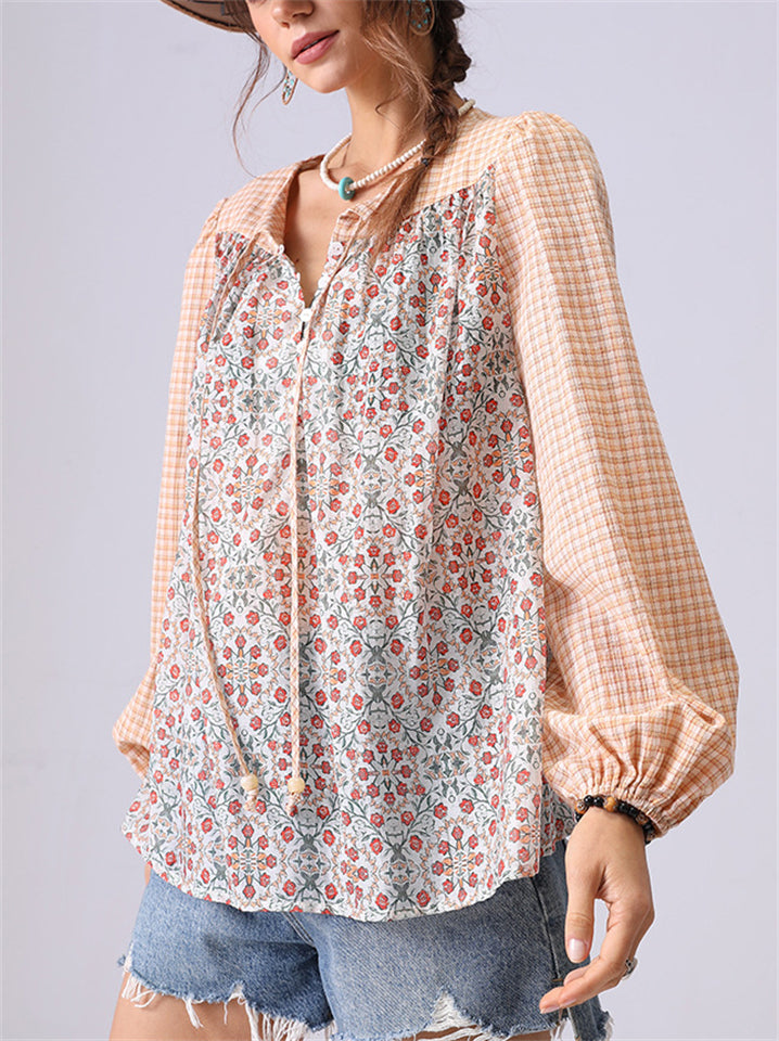 Women's Floral Print Plaid Patchwork Long Sleeve Shirt