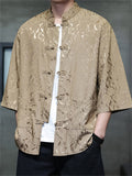 Men's Summer Cool Roses Jacquard Frog Button 3/4 Sleeve Tangsuit Shirts