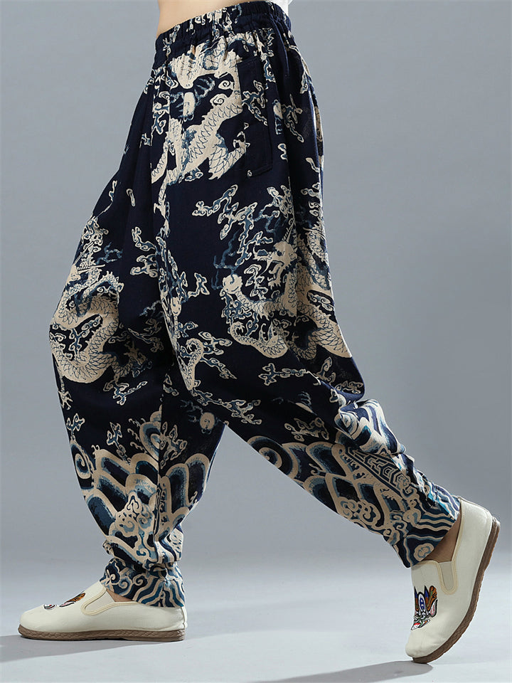 Men's Chinese Loong Print Elastic Waist Drop Crotch Pants
