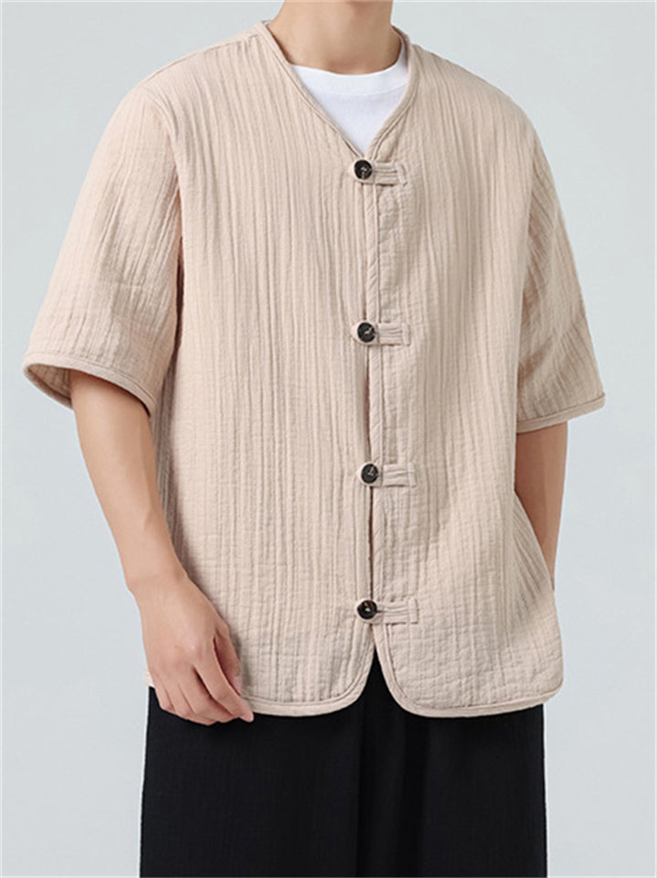 Retro Cotton Collarless Button Tang Suit Cardigan Shirt For Men