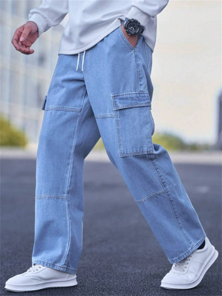 Mens Cargo Jeans Drawstring Waist Wide Leg Loose Fit Pants
