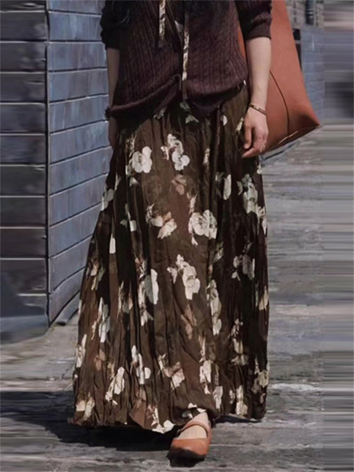 Women's Vintage Floral Printed Pleated Elastic Waist Big Hem Skirts