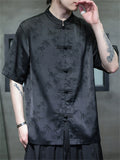 Men's Summer Bamboo Leaves Printed Stand Collar Short Sleeve TangSuit Shirts