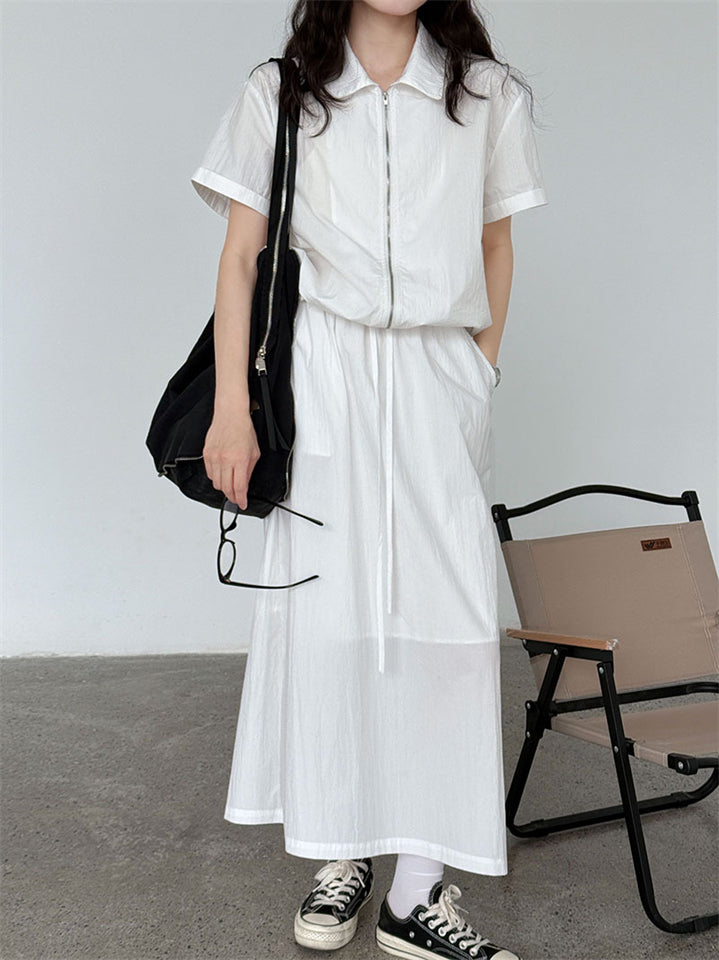 Women's Japanese Style Simple Solid Color Zip Up Short Sleeve Top & Skirt Set
