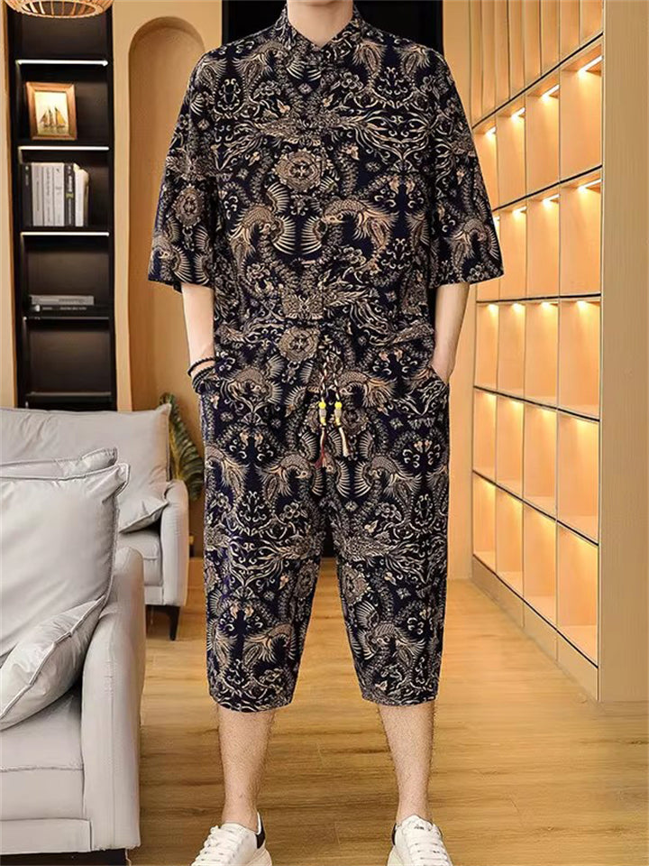 Men's 2-Piece Summer Print Half Sleeve Stand Collar Shirt& Pants Set