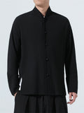 Men's Chinese Style Textured Mandarin Collar Zen Style Long Sleeve Shirts