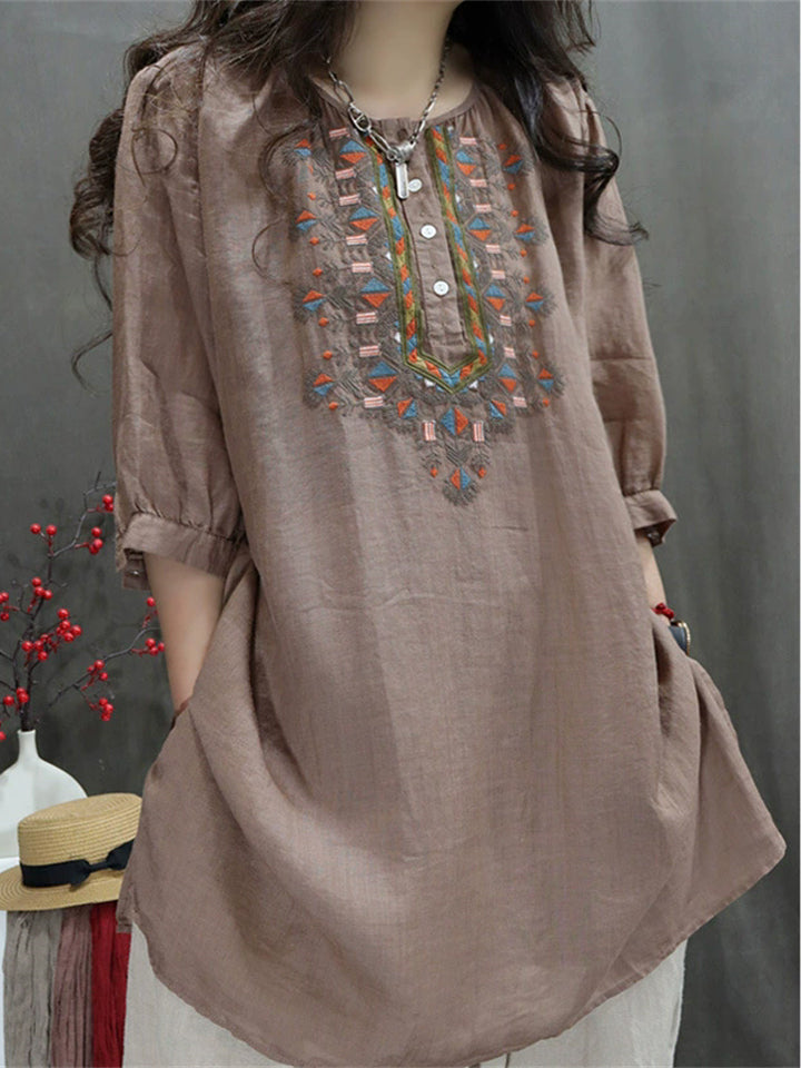 Women's Casual Summer Embroidery Round Neck Half Sleeve Shirt
