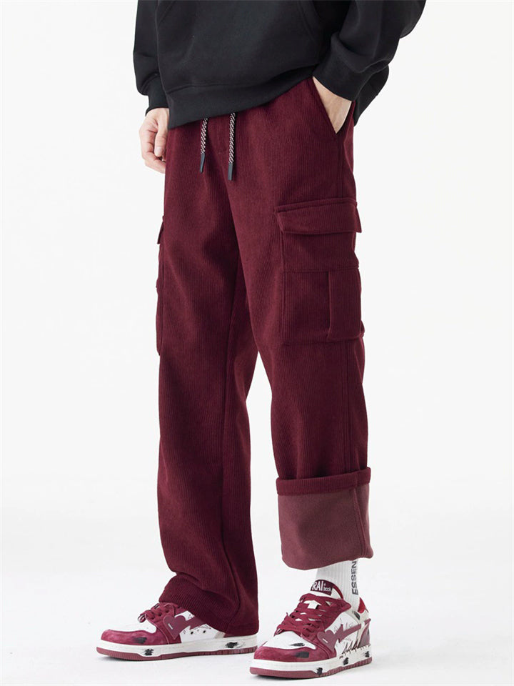 Winter Warm Fleece Lined Cargo Pocket Drawstring Men Casual Pants