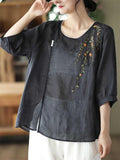 Summer Cotton Linen Embroidery Half Sleeve Shirt for Women