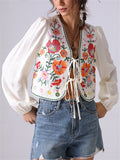 Women's French Style Flowers Embroidery Lace Up Cardigan Shirt