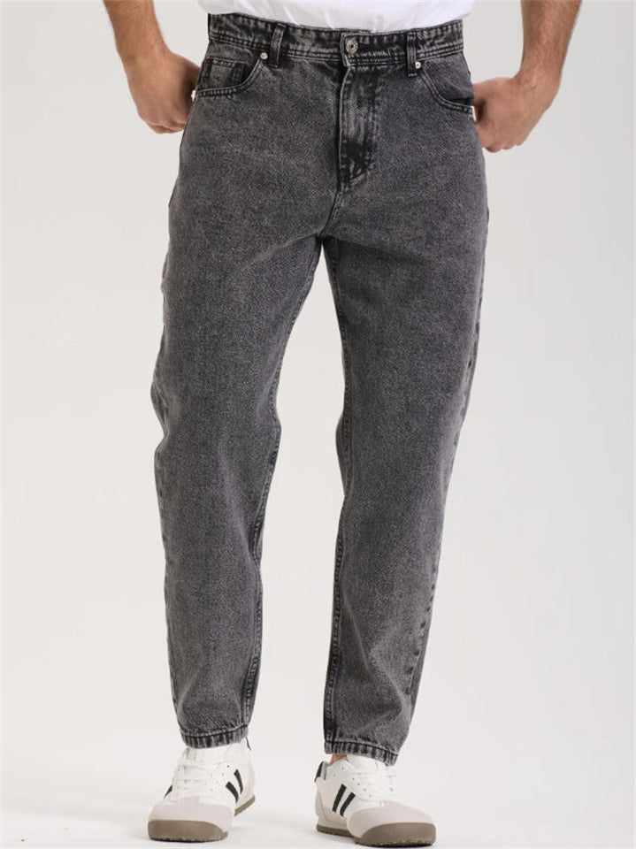 Men Vintage Wash Jeans Tapered Fit Straight Leg Denim Pants
