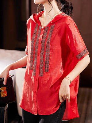 Retro Korean Style Embroidery Patchwork Hooded Shirts for Women