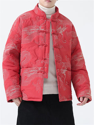 Casual Dragon Embroidered Padded Outerwear for Male