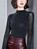 Women's High Neck Bling Solid Color Long-sleeve Undershirt