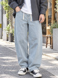 Men Japanese Style Baggy Jeans Wide Leg Loose Fit Drawstring Denim Pants