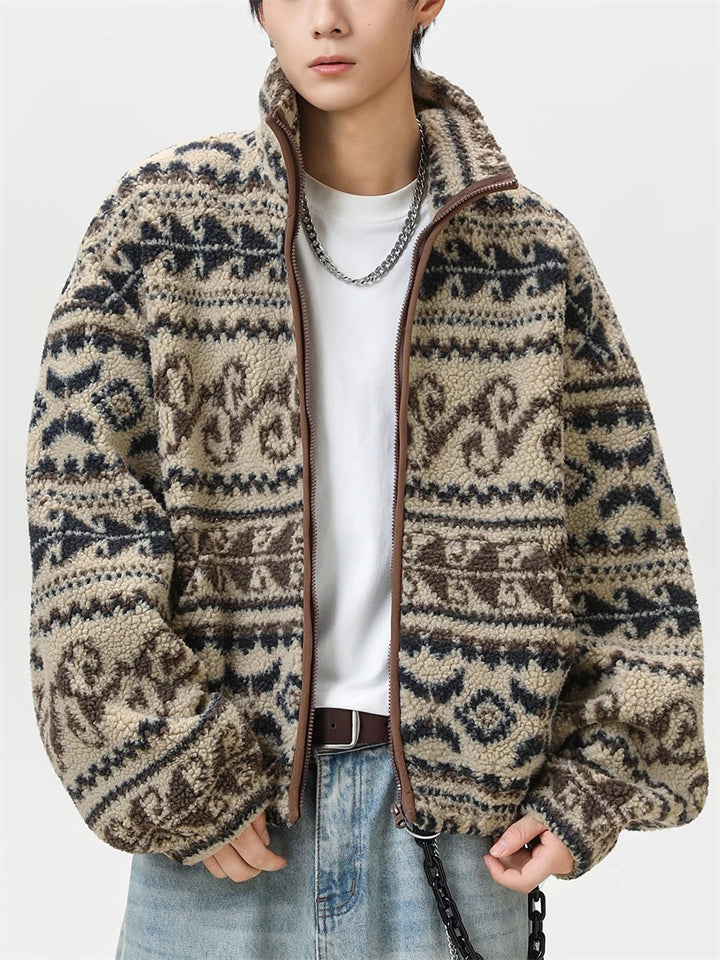 Men's Autumn Ethnic Style Jacquard Stand Collar Zip Up Cardigan Coats