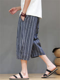 Men's Cotton Linen Stripe Drawstring Capri Pants