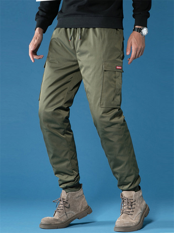 Mens Padded Down Cargo Joggers Drawstring Winter Work Pants