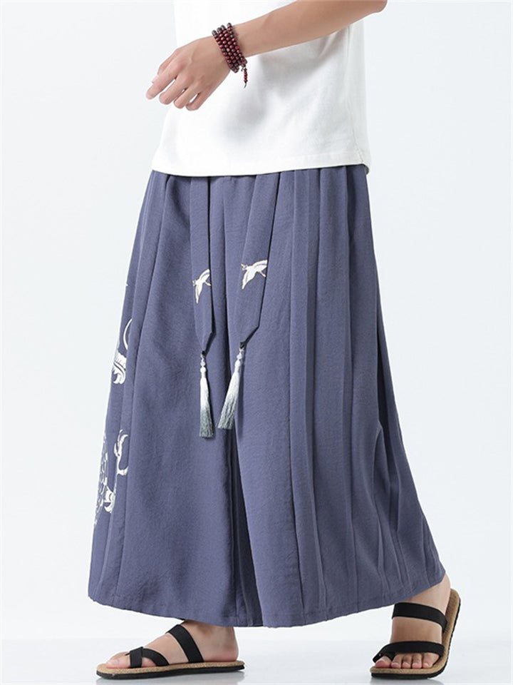 Men's Chinese Style Loong Print Wide Leg Hanfu Pants