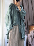 Retro Loose Linen Stand Collar Distressed Textured Shirt for Women
