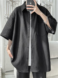 Summer Solid Color Pleated Button Up Half Sleeve Shirt for Men