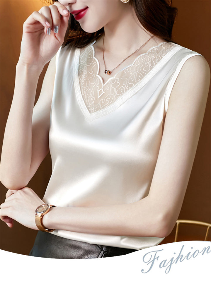 Summer Patchwork V Neck Satin Undershirt for Women